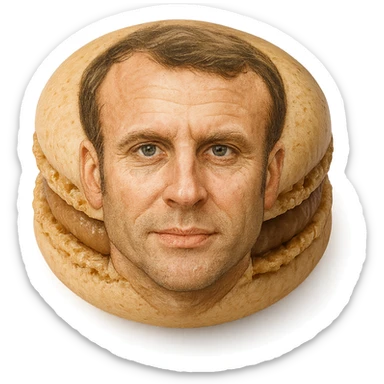 realistic macaron pastry with the shell resembling Emmanuel Macron's face, subtle details sticker