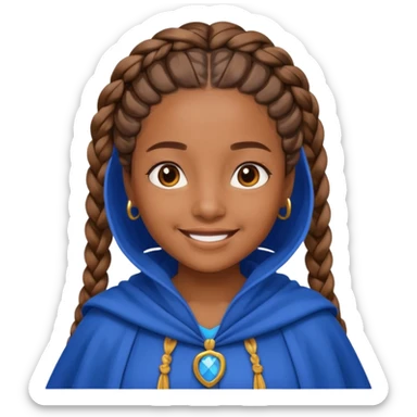 brown skin girl with braided hair, wearing blue cloak, smile sticker