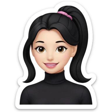 a woman with long sleeve turtle neck top and smile, her hair is long black pony tail, her eyes color are black and the color of her lip is soft pink sticker