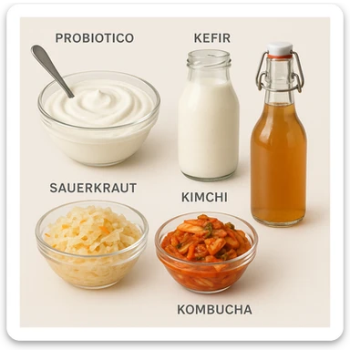 realistic and informative illustration showing only probiotic foods on a light background, examples: yogurt, kefir, sauerkraut, kimchi, kombucha, each food labeled in Italian as 'Probiotico', clean and modern style sticker