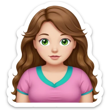 Girl girl long wavy brown hair, green/blue/gold eyes, plus size, pink girly top sticker