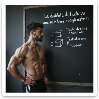realistic young muscular bodybuilder in sportswear looking at a blackboard with Italian text 'La durata del ciclo va decisa in base agli esteri', boxes labeled 'Testosterone enantato' and 'Testosterone propionato' next to him, attentive expression, learning atmosphere, gym background, 4K quality sticker