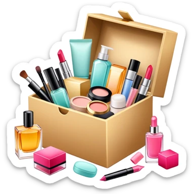 an opened box with various beauty items spilling out, including makeup, skincare, and perfume sticker