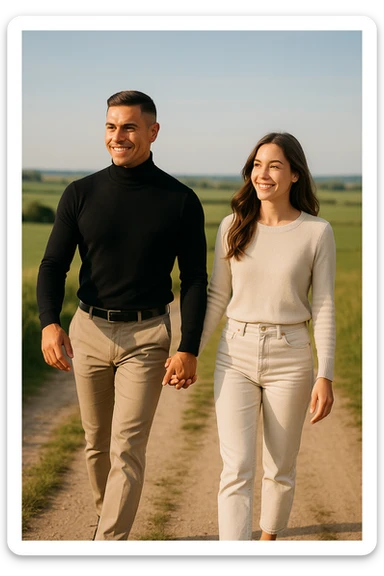 a couple walks together along a path, the man gently leading the way while the woman follows with trust and a smile. Both appear confident and content, symbolizing partnership and mutual respect. The background is a bright, open landscape, evoking a sense of shared journey and harmony. sticker