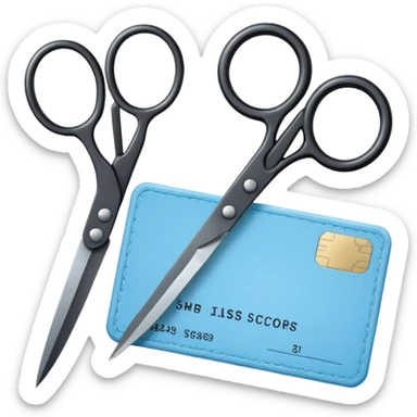 Floating black Scissors cutting a light blue military ID card in 2 parts .hyper realistic sticker