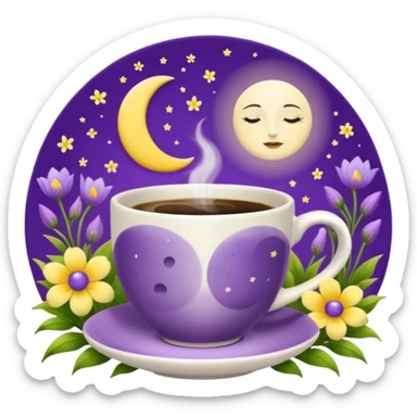 Coffee cup with the moon on the coffee cup in a garden of purple and yellow flowers positioned for a left handed person  sticker