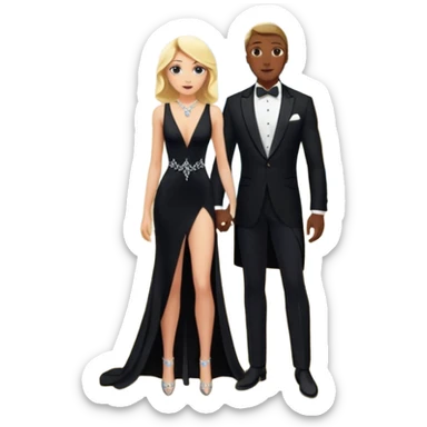 Blonde woman, black, Long, tight, sleveless Dress, Slot left Leg, man, black Hair, in Dinner jacket, Background ballroom sticker