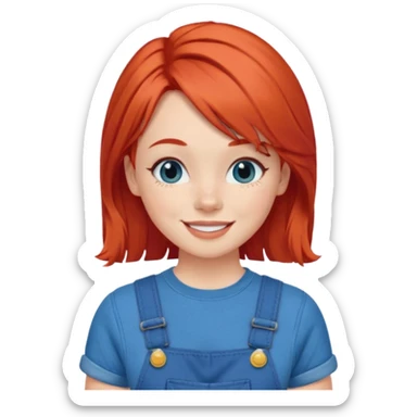 redheaded girl with blue hair, 1960s hairstyle, blue overalls, no text, winking sticker