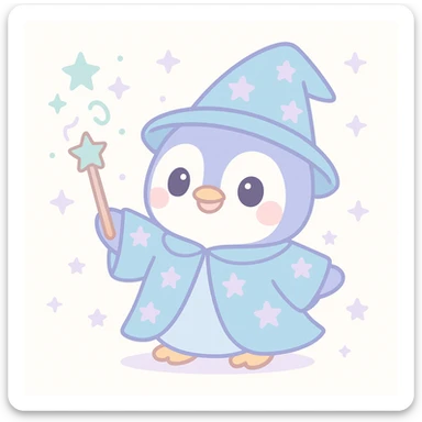 a cute penguin wizard casting a spell, wearing a starry robe and holding a wand sticker