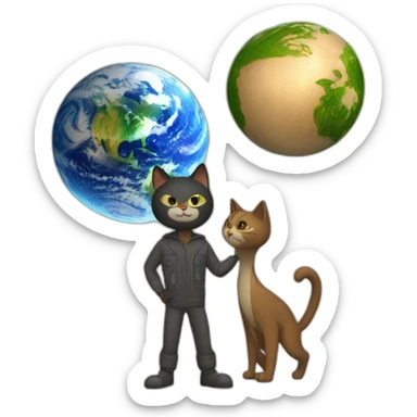 high definition, a cat man stands next to the Earth, and the cat man uses a pivot to move the Earth sticker