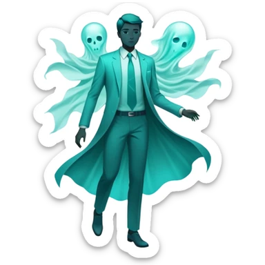 Teal colored ethereal energy forming male silhouette with ghostly floating wardrobe elements like tie, shirt and watch surrounding it, abstract style essence sticker