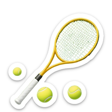 A tennis racket and ball positioned on a grass court, with the net and lines clearly visible in the background. The scene emphasizes the classic elements of the sport, capturing the energy and precision of a tennis match. sticker