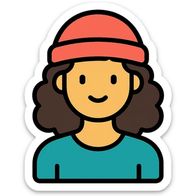 woman with curly hair and a beanie sticker
