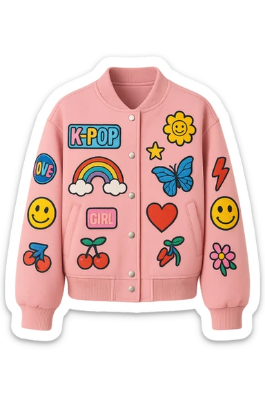 pink kpop idol jacket with patches, stylish sticker