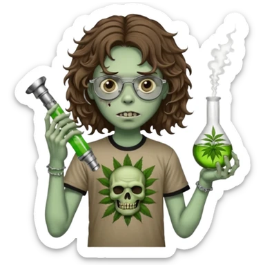 brown wavy haired zombie getting stoned with weed t shirt and bong on his hand and wearing black chrome hearts bifocals sticker