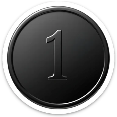 Emoji icon of a black coin with engraved number 1, minimalist style, isolated sticker