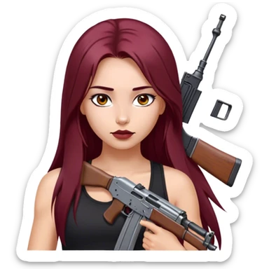 emoji of girl with an ak47 in hand with a black tank top gorgeous girl y2k with maroon dark long hair in a middle part with straight nose hazel eyes medium perfect eye brows with  a nose ring silver on the right nostril  sticker