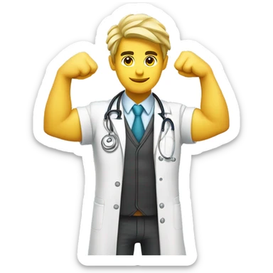 young male doctor flexing his bicep, yellow skin, using 2 colors: #ff9800 and #32b5a5 sticker