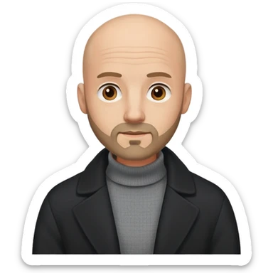 a bald dude with a small beard in a black coat and a gray sweater sticker