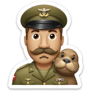 Soldier with bushy walrus mustache wearing camouflage sticker