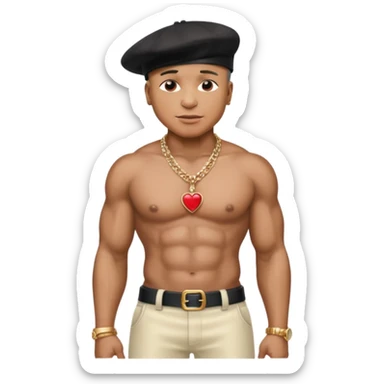LL Cool J with black hat, metallic ivory pants, shirtless with necklace with red heart sticker