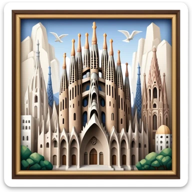 Cinematic Realistic Sagrada Fam√≠lia Landmark Emoji, depicted with the intricate, soaring architecture of the basilica rendered with detailed textures and dramatic, ethereal lighting. sticker