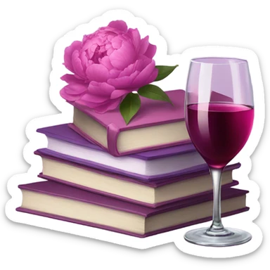 A violet  stack of books with deep pink peonies and a glass of pink wine sticker