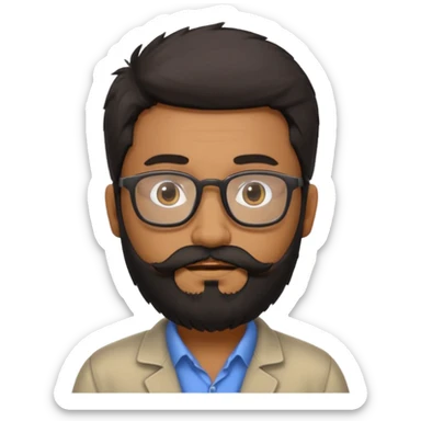 Indian software developer with beards and specs, with few white hairs in mostly black beard and hair. Hair fluffy and back brushed. Mustache and beard not neatly done sticker