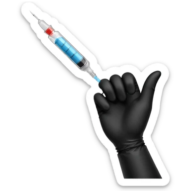 mano con guante medico de color negro sosteniendo una jeringa no tan grande y que solo se vea la mano hasta la muñeca, no el brazo y que el liquido de la jeringa sea transparente sticker