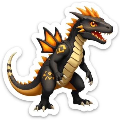 Magmatic fiery badass cool obsidian-Black and golden-orange Helioptile-Marowak-Croconaw-Fakémon-hybrid-creature (full body)  sticker