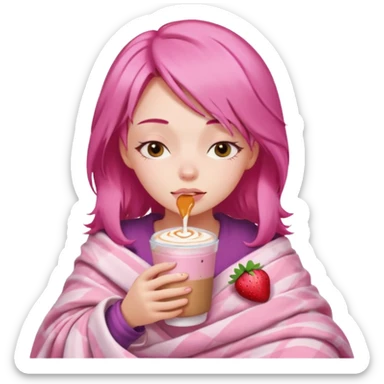 girl with pink hair inside a pink blanket sipping strawberry latte eyes closed emoji to use or share on Discord and Slack. sticker