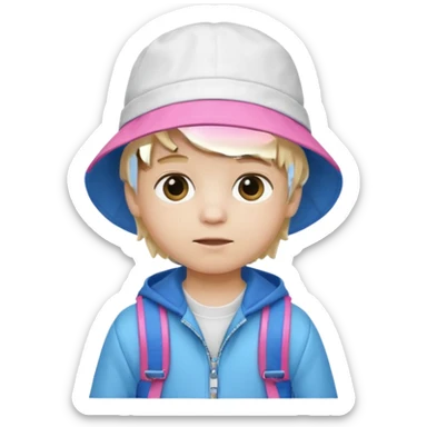 A little boy student white skin, blonde hair, with pink bucket hat, white jacket, blue backpack sticker