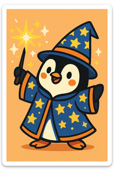 a penguin wizard casting a sparkling spell, wearing a starry robe and hat, in a cute cartoon style sticker