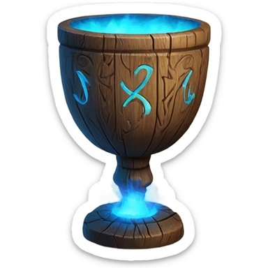 A magical goblet, large and imposing, made of aged wood with intricate carvings and ancient runes along its surface. It emits a bright blue glow, with magical flames dancing inside, symbolizing its power and mystery. sticker