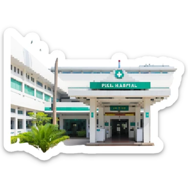 Bangkok hospital with tropical palm trees and Thai style entrance sticker