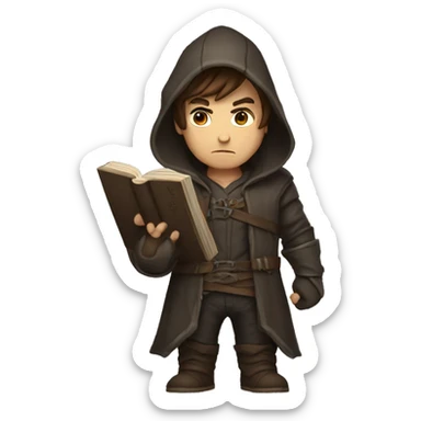 human male rogue with brown hair holding a book wearing a hood angry sticker