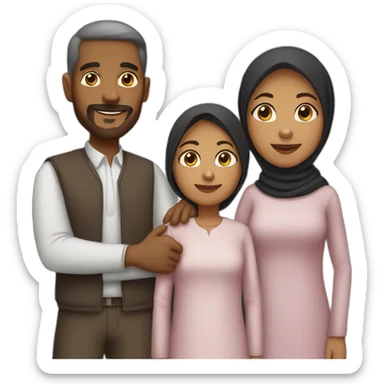 family of four, medium brown skin, dark hair, only the mom is wearing hijab sticker