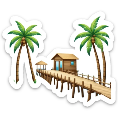 Ocean and beach scene with a pier with sand and palm trees sticker
