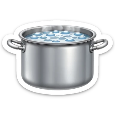 small metal pot filled with boiling water on a stove, visible hot steam and rising bubbles, realistic heat effect, shiny pot surface, bright lighting, clean white background sticker
