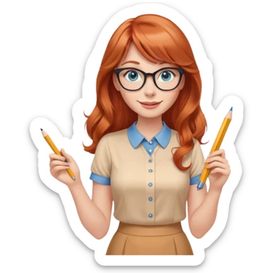smiling redheaded woman with long wavy hair and bangs, blue eyes, cat-eye glasses, pencil skirt, apricot blouse, holding a pencil sticker