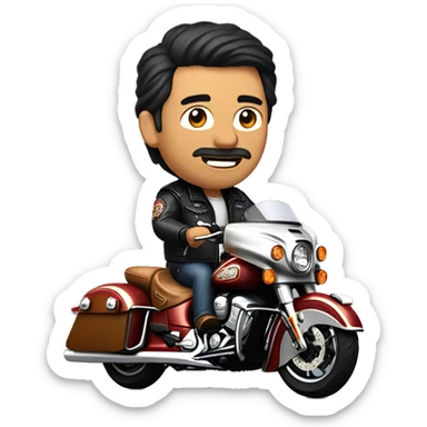 Middle age man wearing leather jacket and leather chaps riding a Indian motorcycle roadmaster with black hair and gote sticker