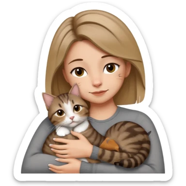 Une femme avec les cheveux dégradée, brun et blond, qui fait un câlin à son chat gris, tigré avec les extrémités que pattes pointe d’oreilles noires et le dessous du menton blanc la fille n’a pas d’oreilles, il n’y a qu’un seul chat sticker