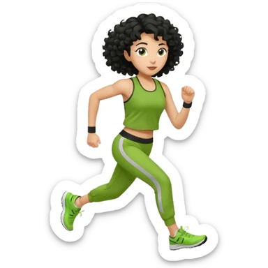 a woman with olive skin tone and curly black hair wearing green and jogging sticker