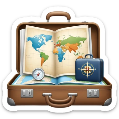 An icon featuring a suitcase, hotel building, symbolizing the scientific study of tourism and hospitality. The design includes a map, a compass, and a checklist, representing travel planning and service management. Transparent background highlights the academic exploration of the tourism industry. sticker