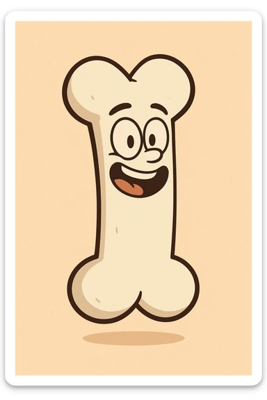 a single bone with a playful face, cartoon style, cute and fun sticker