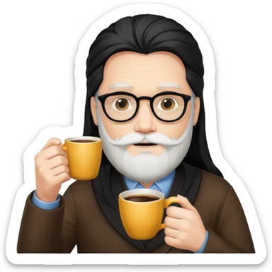 men with white bearded long black hair  with opticals  on holding coffee cup sticker