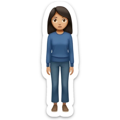 "Cartoon emoji of a woman with long, loose dark hair, wearing plain, simple clothes. Full-height, standing, nervous, unsure, worried expression. Slightly hunched, anxious posture. Smooth, simple, stylized." sticker