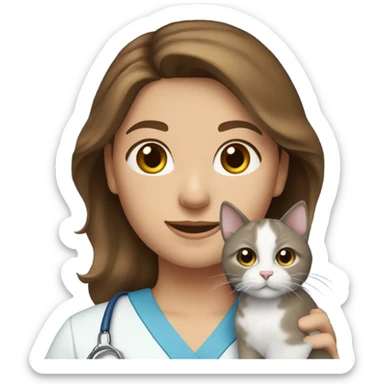 brown haired caucasian girl, wearing blue scrubs and holding a cat  sticker