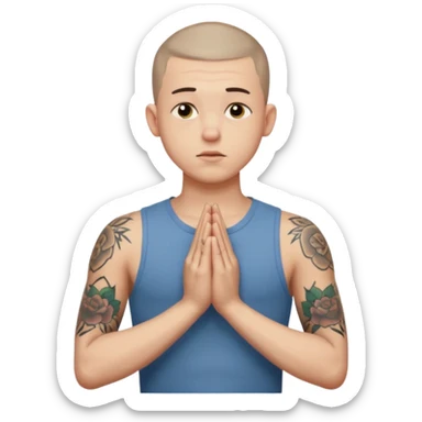 A 20 year old white man with a buzz cut and tattoos all over his arms and chest. Pleading face with hands praying  sticker