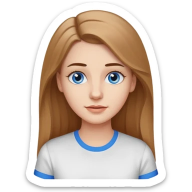 A pretty white girl with long slightly light brown hair dark eyebrows and braces and blue eyes wearing a white shirt and she has a long face sticker
